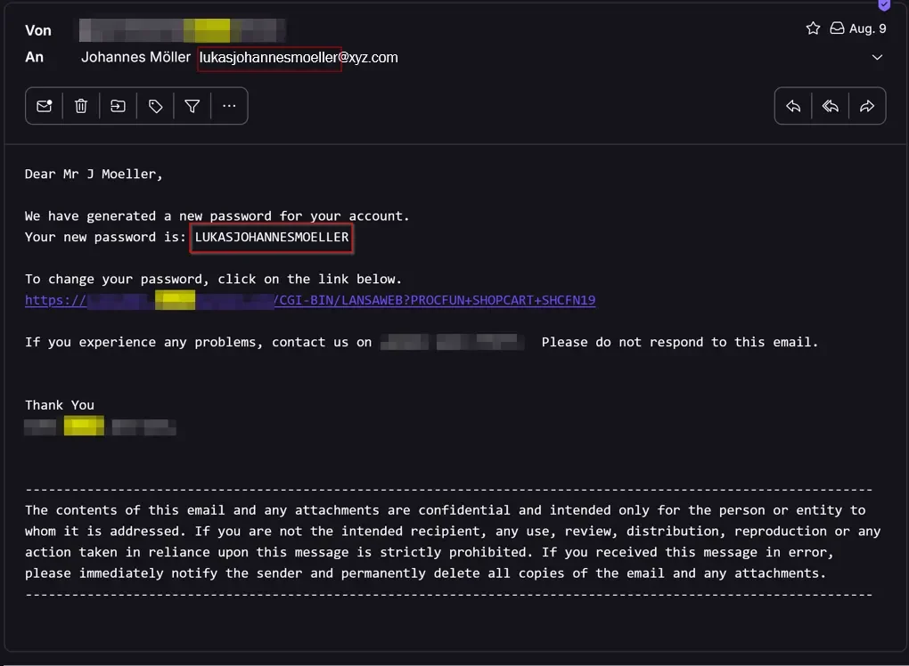 Password reset email showing the predictable uppercase password